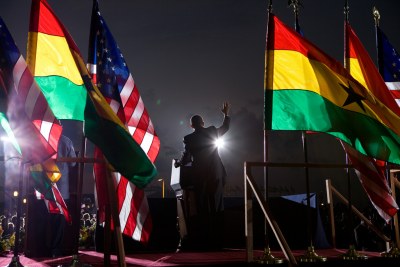 President Barack Obama speaks to the crowd at the departure ceremony at Accra airport in Ghana, July 11, 2009.