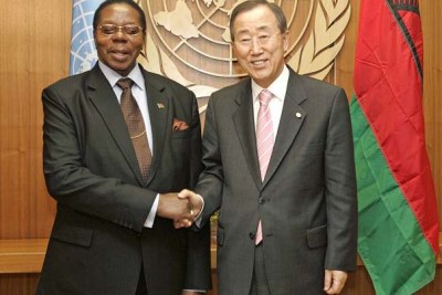 United Nations Secretary-General Ban Ki-moon, right, at a previous meeting with Bingu wa Mutharika, President of Malawi.