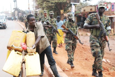 Soldiers patrolling on election day (file photo): Elections for the vacant Bukoto South parliamentary seat resulted in chaos and 50 arrests.