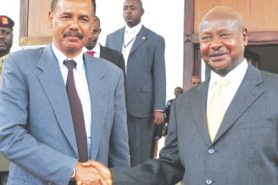 President Isaias Afewerki of Eritrea meets President Yoweri Museveni of Uganda.