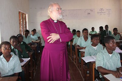Archbishop Rowan Williams, head of the Anglican Church, at a school during his visit to Central Africa. He later urged President Mugabe to end the persecution of the church in Zimbabwe.