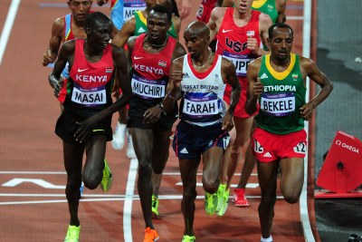 From left, Olympics 10,000m contenders Moses Ndiema Masai, Bedan Muchiri, Mo Farah (who won gold) and Tariku Bekele (silver).
