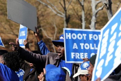 Members of the Democratic Alliance demonstrate during the e-toll case at the Constitutional Court in Johannesburg