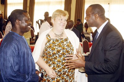 From left to right: Director of Energry and Environment Yaw Okese, Counselor of Natural Resources and Energy Anne Tarvainen and Finland Consulate to Uganda Richard Mugera.