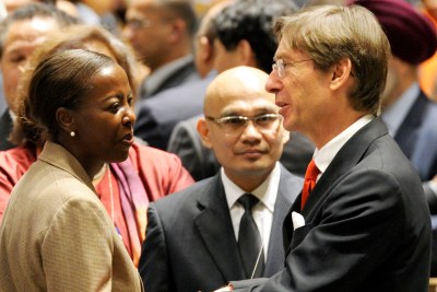 Louise Mushikiwabo, left, Rwanda's Minister for Foreign Affairs and Regional Cooperation, is congratulated on the country's election to the UN Security Council by Peter Wittig, Permanent Representative of Germany to the UN.