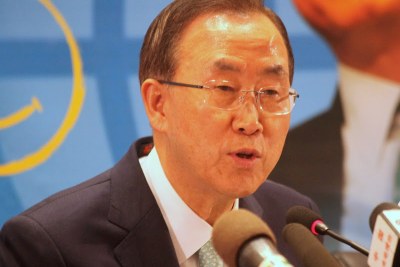 Ban Ki-moon, Secrétaire Général de l’Onu le 22/05/2013 à Kinshasa, lors d’une conférence de presse.