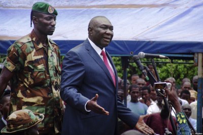 Central African Republic's new President Michel Djotodia speaks to his supporters at a rally in favor of the Seleka rebel coalition in downtown Bangui Mar. 30, 2013.