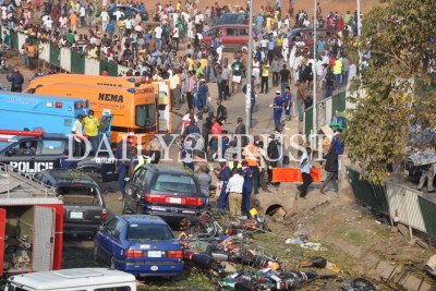 Vehicles and motorcycles hit by the impact of the explosion at the Nyanya Motor-park, along Abuja-Keffi Expressway outside Abuja.