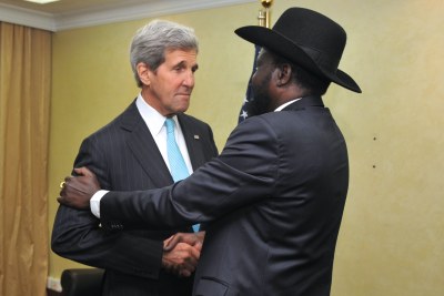 President Salva Kiir Mayardit of South Sudan welcomes U.S. Secretary of State John Kerry to Juba.