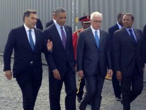 Symbion Power CEO Paul Hinks (left) escorting President Obama at the Ubungo Power Plant along with GE Africa CEO Jay Ireland and Tanzanian President Jakaya Kikwete.