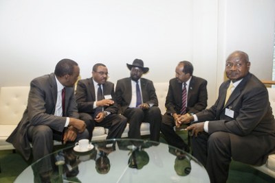 A group of East African leaders at the reception. From left: Uhuru Kenyatta, President of the Republic of Kenya; Hailemariam Dessalegn, Prime Minister of the Federal Democratic Republic of Ethiopia; Salva Kiir, President of the Republic of South Sudan; Hassan Sheikh Mohamud (left), President of the Somali Republic; and Yoweri Kaguta Museveni, President of the Republic of Uganda.