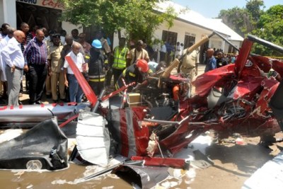 Wreckage of a helicopter, which crashed at Kipunguni B Moshi Bar area in Dar es Salaam killing all four passengers.