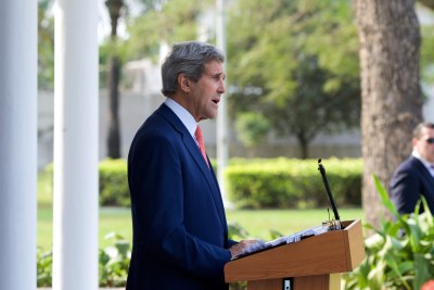U.S. Secretary of State John Kerry addresses reporters during a news conference at the U.S. Consulate General's residence in Lagos.