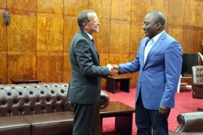 Première rencontre entre Martin Kobler (gauche), nouveau chef de la Monusco, et Joseph Kabila, le chef d'Etat congolais, mardi 27 août au Palais du peule à Kinshasa.