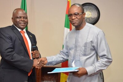 New NNPC GMD, Emmanuel Kachikwu,right, takes over from Joseph Thlama Dawha.