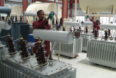 Tatek transformer factory near Addis Ababa, one of seven factories run by Ethiopian Power Engineering Industry, a state firm that manufactures power grid supplies and trains staff to maintain the grid.
