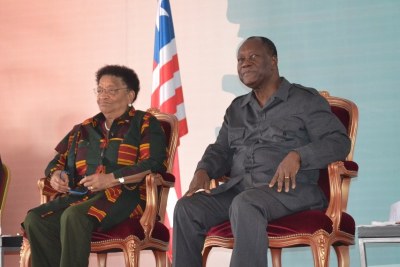 Presidents Sirleaf and Quattara at epoch-making occasion in Cote d'Ivoire.