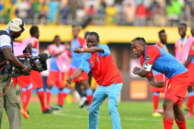DR Congo players celebrating during the ongoing 2016 CHAN tournament in Rwanda.