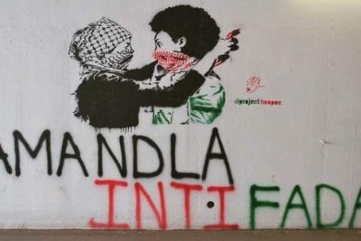Art by Project Hoopoe expressing South African solidarity with the people of Palestine.
