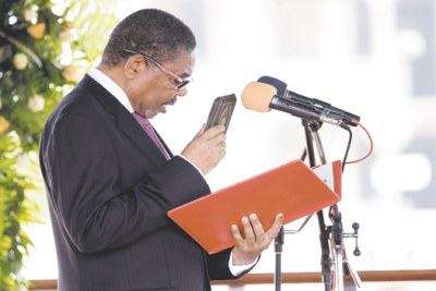 Ali Mohamed Shein is sworn in as Zanzibar as president at Aman Stadium yesterday. Dr Shein began a second five-year term after winning last Sunday's presidential election.