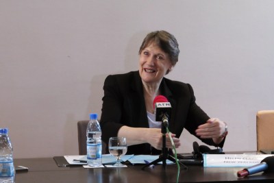 Mrs Helen Clark giving a press conference at the Radisson Blu in Dakar.
