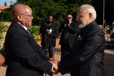 President Jacob Zuma receives Prime Minister Narendra Damodardas Modi of the Republic of the India at the Union Buildings in Pretoria.