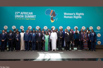African Union Head of State and Government and Union officials in a group photo at the opening of the 27th Ordinary Session of the AU Assembly in Kigali.