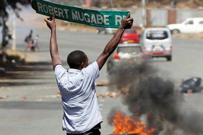 A protestor holds up the Robert Mugabe road sign during a protest (file photo).