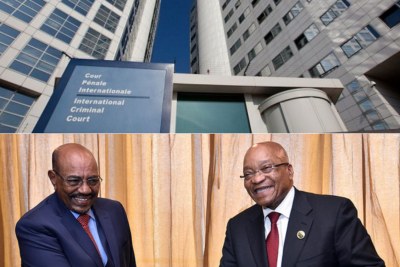 En haut: La Cour pénale internationale de La Haye, Pays-Bas. En bas: Le président soudanais Omar el-Béchir (à gauche) et le président sud-africain Jacob Zuma (à droite)