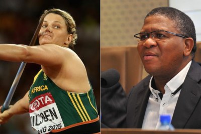 Olympic javelin silver medallist Sunette Viljoen and South African Sports Minister Fikile Mbalula.