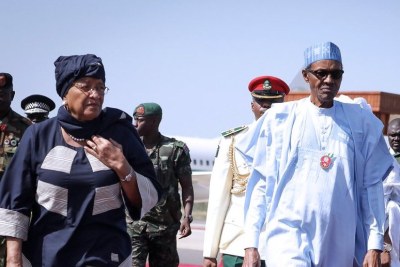 Presidents Ellen Johnson Sirleaf of Liberia and Nigeria's Muhammadu Buhari.