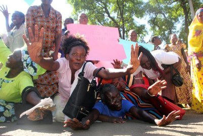 Women demonstrating after parliament fails to implement the Two-Thirds Gender Bill on May 11, 2015.
