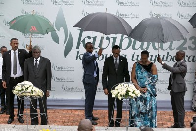 President Kagame and First lady Jeannette Kagame, and the African Union Commission Chairperson Moussa Faki Mahamat (L) lay wreaths in honour of the Genocide victims at Kigali Genocide Memorial Centre, Village Urugwiro.