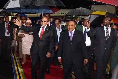 President Jacob Zuma received by Tanzanian Minister of Foreign Affairs and East Africa Cooperation, Mr Augustine Phillip Mahiga on arrival at Julius Nyerere International Airport. President Zuma is on a State Visit to the United republic of Tanzania to strenghten bilateral and economic relations between the two countries.