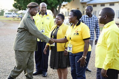 The government chief whip Ruth Nankabirwa greeted by President Museveni at Kyankwanzi.