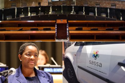 Top: Seats of the Constitutional Court. Bottom-left: Social Development Minister Bathabile Dlamini. Bottom-right: South Africa Social Security Agency vehicle.