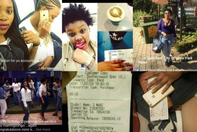 Collage of photos featuring Simbongile Mani and her purchases after she received R14,000,000 in her IntelliMali account from the National Student Financial Aid Scheme.