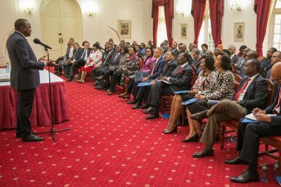President Uhuru Kenyatta speaks during a meeting with members of the Kenya Private Sector Alliance at State House, Nairobi.