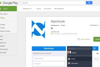 Screenshot of the Namibian social networking platform Namhook on the Google Play Store.