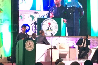 Nigerian Vice President Yemi Osinbajo addressing the High-Level Trade and Investment Facilitation Forum for Development, in Abuja.