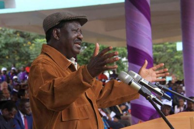 Raila Odinga addresses a gathering at Uhuru Park, Nairobi, during Labour Day celebrations on May 1, 2018.