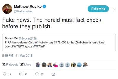 Matthew Rusike has refuted The Herald story in a tweet.
