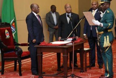 President John Magufuli swears in Phaustine Martine Kashike as the new commissioner general of the prison department at State House on Saturday.