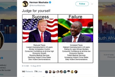 Screenshot of Johannesburg Mayor Herman Mashaba's tweet comparing Presidents Cyril Ramaphosa and Donald Trump.