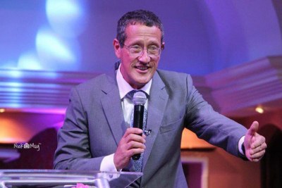 CNN business journalist Richard Quest on the pulpit at the Jubilee Christian Church in Nairobi.