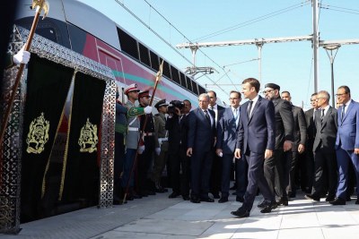 French President Emmanuel Macron at the inauguration of the high-speed train in Morocco.