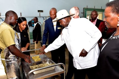 President Museveni during a tour of the African Gold Refinery in Entebbe on February 20, 2017.