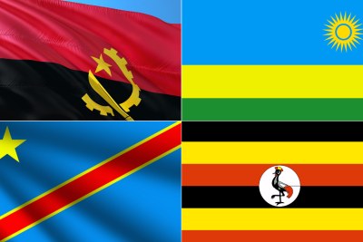 National flags of Angola, Rwanda, top, DR Congo, Uganda