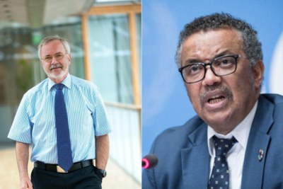 Werner Hoyer (left), president of the European Investment Bank, and World Health Organization Director General Tedros Adhanom Ghebreyesus, EIB and WHO announced a partnership to 