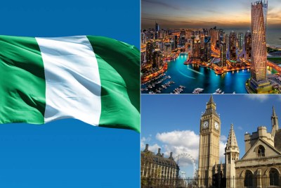 Nigerian flag, Dubai, and London.